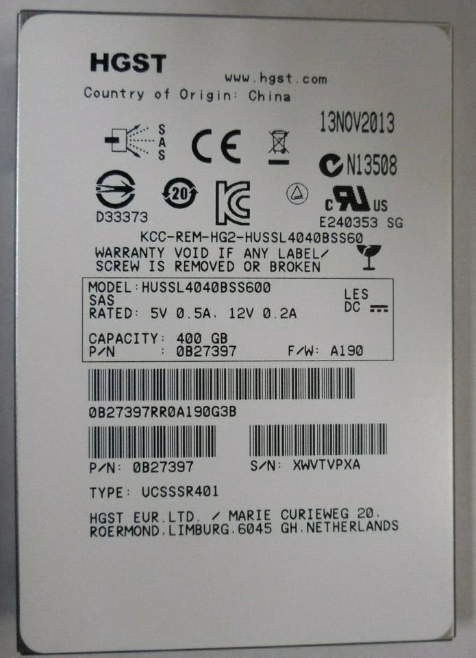 HGST HUSSL4040BSS600 400GB SSD 2.5" SAS SOLID STATE DRIVE 0B27397 - Image 1 of 1