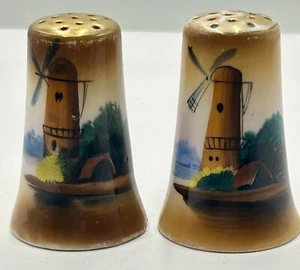 Hand Painted Salt And Pepper Shakers Windmill Landscape Ceramic Japan 3” 1950’s - Picture 1 of 10