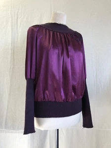 MOSCHINO JEANS Purple Satin Crop Top. UK 10 Black Knit Neck/Sleeves Vintage Boho - Picture 1 of 14