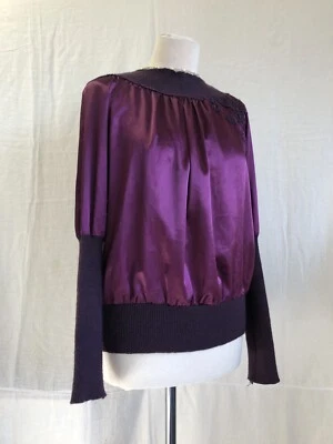 MOSCHINO JEANS Purple Satin Crop Top. UK 10 Black Knit Neck/Sleeves Vintage Boho - Image 1 of 4
