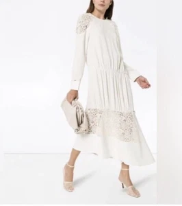 Tibi Cream Laced Midi Maxi Asymmetrical Designer Dress sz 2 long sleeves - Picture 1 of 18
