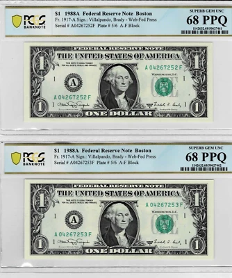 1988A $1 (2 CONSEC.) FRN 'WEB' Notes-fr.1917-A (AF 5/6) -PCGS  68 PPQ- TOP POP - Image 1 of 4