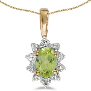 10k Yellow Gold Oval Peridot And Diamond Pendant with 18" Chain - Picture 1 of 3