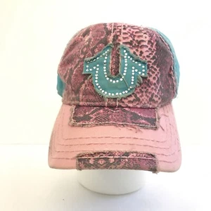 True Religion Distressed Pink/Turquoise Adjustable Leather Strap-Back Hat - Picture 1 of 11