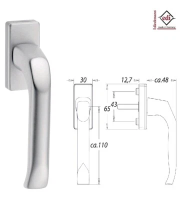 DIECKMANN Fenstergriff 1003/1035 Alu F12 35 mm , 7 mm Vierkantstift , Nocken-Ø: 10mm, weiß