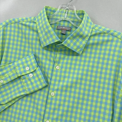 Peter Millar Shirt Mens XL Green Blue Gingham Wicking Long Sleeve Button Down - Image 1 of 4