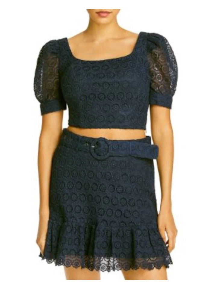 AQUA Womens Navy Lace Floral Pouf Square Neck Crop Top Size S
