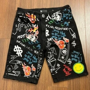 Boys Painted Graffiti Black Jean shorts 10 - Picture 1 of 7