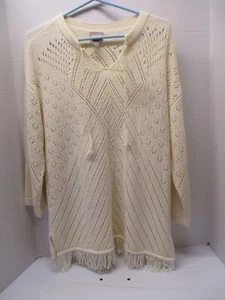 Maglione CHICO'S maglia manica 3/4 tunica top nappa cravatta collo orlo con frange taglia L - Foto 1 di 8