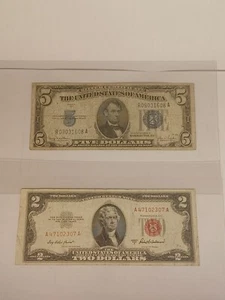 Lot of 2 USA 1934D $5 Blue Seal Silver Certificate, 1953A $2 Red Seal Banknote - Picture 1 of 11