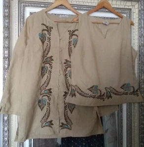 Vintage Laura Ashley Ladies Stone 100% Linen Floral Embroidered Top+ Jacket UK16 - Picture 1 of 11