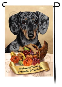 Thanksgiving Garden Flag - Shorthair Dapple (Light) Black and Tan Dachshund 049C - Picture 1 of 1