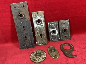 7 Antique Door Knob Backplates, Double Keyhole, Eastlake Victorian Hardware - Picture 1 of 10