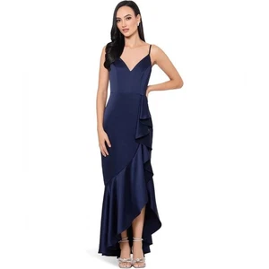 Vestido Xscape Satinado Volantes Azul Marino Alto Bajo Maxi Vestido Formal Sin Mangas Nuevo con Etiquetas Talla 12 - Imagen 1 de 8