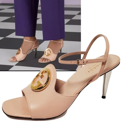 GUCCI SHOES BLONDIE HEEL PINK LEATHER SANDALS w G LOGO $1,100 sz 40 US 10 - Image 1 of 4