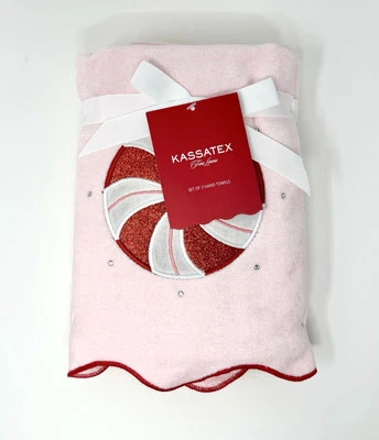 Kassatex Glitter Peppermint Candy Pink Set Of 2 Hand Towels Scallop Trim NEW - Image 1 of 3