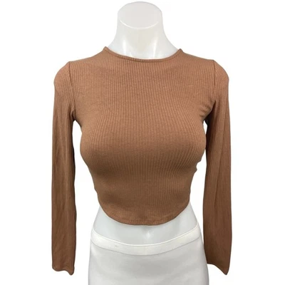 ASTR The Label Brown Ribbed Knit Cross Open Back Crew Neck Crop Top Size XS - Image 1 of 4
