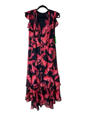 Tommy Hilfiger Rivera Dress 10 Pink Black Floral Ruffle Hem Midi Flutter V Neck - Image 1 of 4