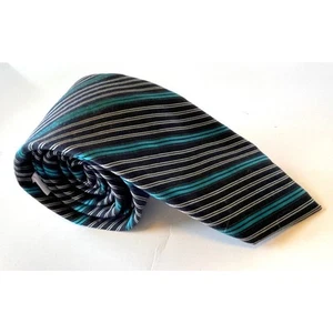 Calvin Klein Slim Necktie, Silk Blend, Black Aqua Stripe, 60", 2.65" Width - Picture 1 of 10