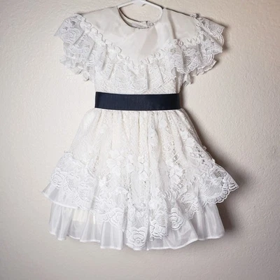 Vintage White Gold Bell Lace Ruffle TuTu Dress With Waist Tie - Image 1 of 4