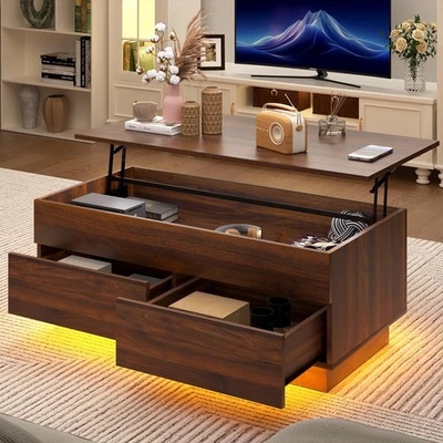 Modern Lift-Top Coffee Table With LED Lights Storage Drawers Hidden Compartment - Image 1 of 4