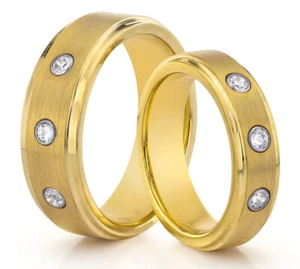 HIS & HERS 8MM/6MM Tungsten Matte Gold Diamond Wedding Band TWO RING SET - Picture 1 of 3