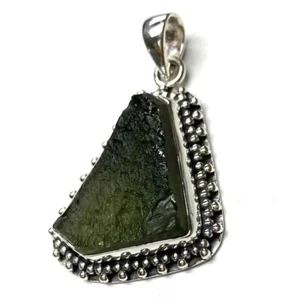 Moldavite Pendant Necklace Raw Czech Moldavite Silver Authentic Meteorite Gifts - Picture 1 of 3