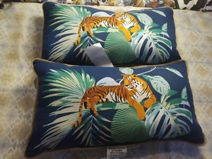 Allen + Roth Tiger Lumbar Pillow Blue Tropical Palm Leaf Jungle Print New Lot 2 - Picture 1 of 11