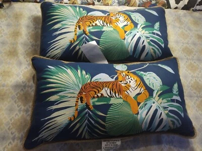  Allen + Roth Tiger Lumbar Pillow Blue Tropical Palm Leaf Jungle Print New Lot 2 - Image 1 of 4