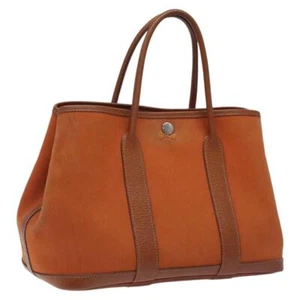 HERMES Garden Party TPM Hand Bag Canvas Leather Orange Silver Auth bs24649 - Picture 1 of 20