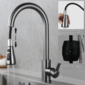 304 Stainless Steel Pull-Out Kitchen Faucet Double Outlet Sink Water Faucet - Picture 1 of 10