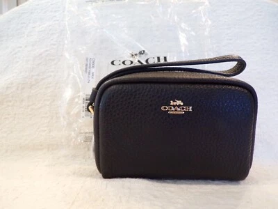 NWT Coach Pouch Small Square Wristlet In Black Pebbled Leather With Strap - Image 1 of 4