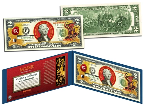 Chinese Zodiac YEAR OF THE MONKEY Colorized $2 Bill US Legal Tender Lucky Money Cover