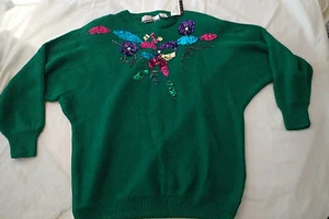 diana marco ,sweater.sz 20 ,sequins,christmas,bling ,green,floral   ma - Picture 1 of 7