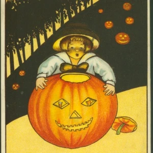 LITTLE BOY WITH GLOWING JOL,TWILIGHT SUNSET HALLOWEEN EVE,SILHOUETTE,POSTCARD - Picture 1 of 3