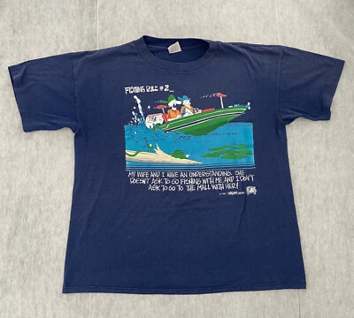 复古钓鱼衬衫成人特大号蓝色规则 #2 有趣图形 T 恤男式 90 年代 — 第 1/4 张图片