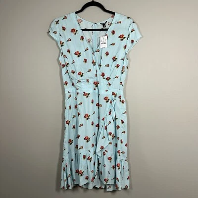 Nuevo con etiquetas Vestido J.Crew Mercantile Talla 8 Azul Rojo Floral Manga Corta Imitación Envolvente Volantes Foto 1 de 4
