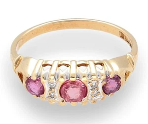9ct Yellow Gold Round Ruby & Diamond Three-Stone Ring (Size L 1/2) 6mm Wide - Picture 1 of 3