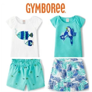 Girls Gymboree Blue & White Jungle Leaves Bird & Fish 4 Piece Outfit Set Size 8 - Picture 1 of 12