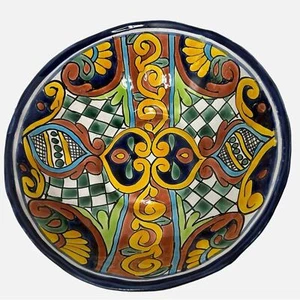 Talavera mexikanische Keramik große Servierschüssel Blumenmuster blau gelb 11,5x4"" festlich - Bild 1 von 6