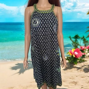 LULA SOUL Aria Navy White Lime Embellished Halter Cotton ViscoseBl Lined Dress-M - Picture 1 of 13