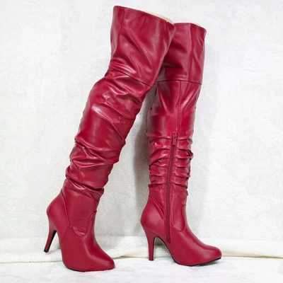 Botas Victoria rojas sobre la rodilla holgadas fruncidas muslo tacón alto espalda dividida Foto 1 de 4