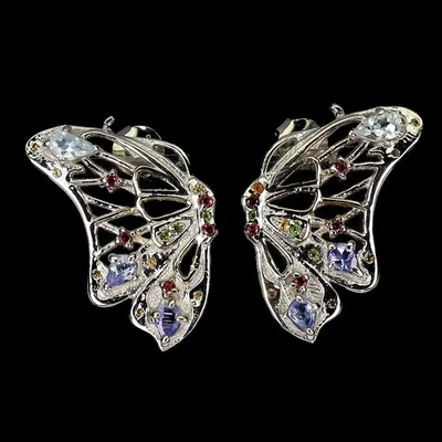 925 Sterling Silver Earrings Pear Aquamarine Sapphire Tanzanite Gemstone Jewelry - Image 1 of 4