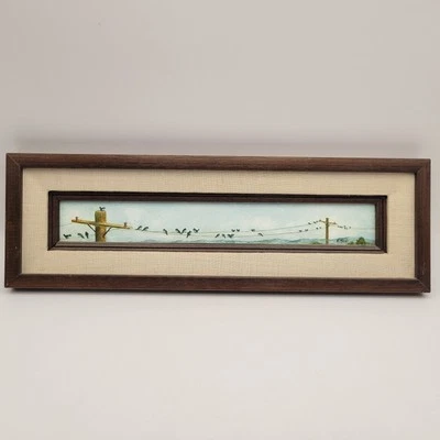 Pintura al óleo original vintage pájaros sobre alambre firmada enmarcada por Helen Seal 12x2 pulgadas Foto 1 de 4