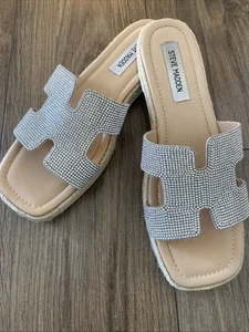 Steve Madded Sandals Slides Slip On Shoes Rhinestones Silver Natural Haydn 9.5 - Picture 1 of 6
