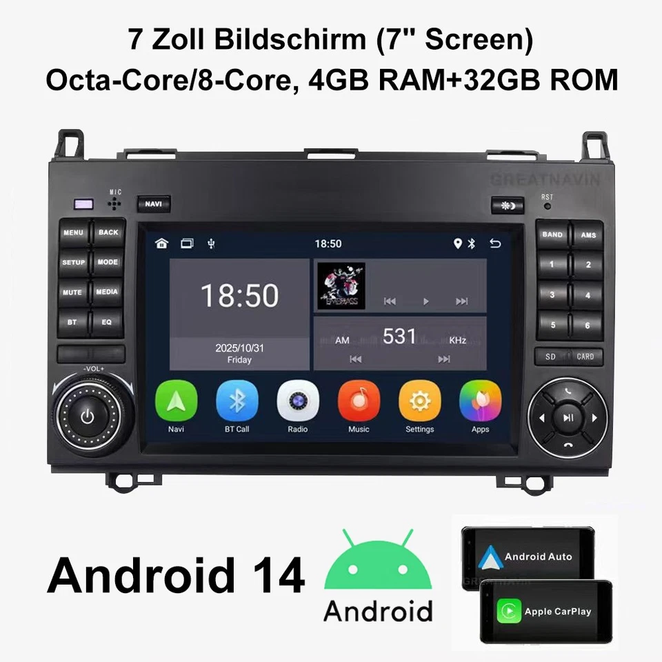 Autoradio für Mercedes Benz Viano Vito 7" CarPlay GPS Navigator +BT 8-Core 4+32G - Bild 1 von 4