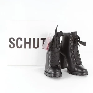 SCHUTZ Zhara Winter Black Leather Combat Boots High Heels Size 7.5US (FPP008940) - Picture 1 of 11