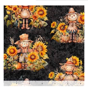 HALLOWEEN AUTUMN SCARECROWS ON CHARCOAL BY QUILTING TREASURES FABRIC HALF YD - Picture 1 of 1