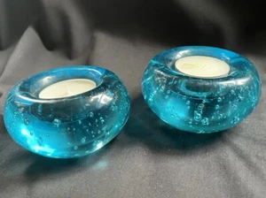 Blue Art Glass Bubble Paperweight Tea Light Candle Holder - Picture 1 of 5