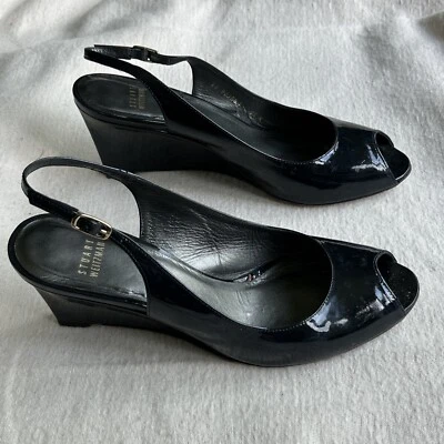 Stuart Weitzman Shoes Navy Blue Patent Leather Wedge Peep Toe Heels Size 9.5 - Image 1 of 4